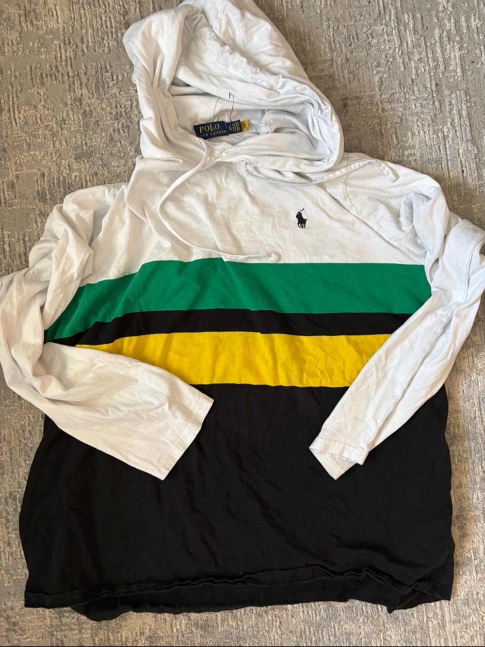 Polo by Ralph Lauren White Green Yellow Black Stripe Long Sleeve Hooded Tee